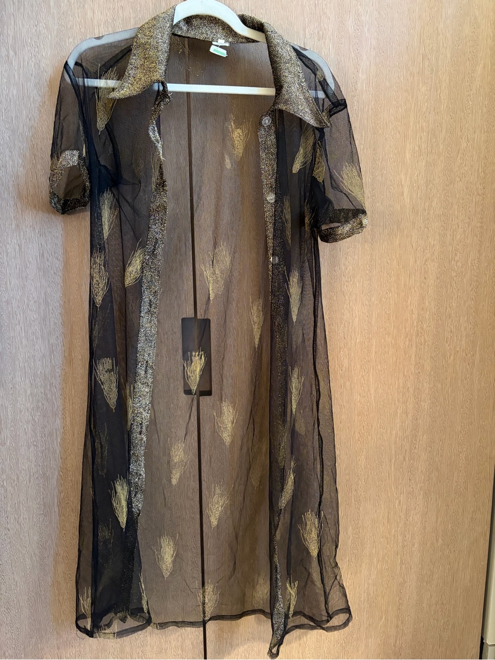 Sheer Black Duster with Gold Metallic Feather Accents